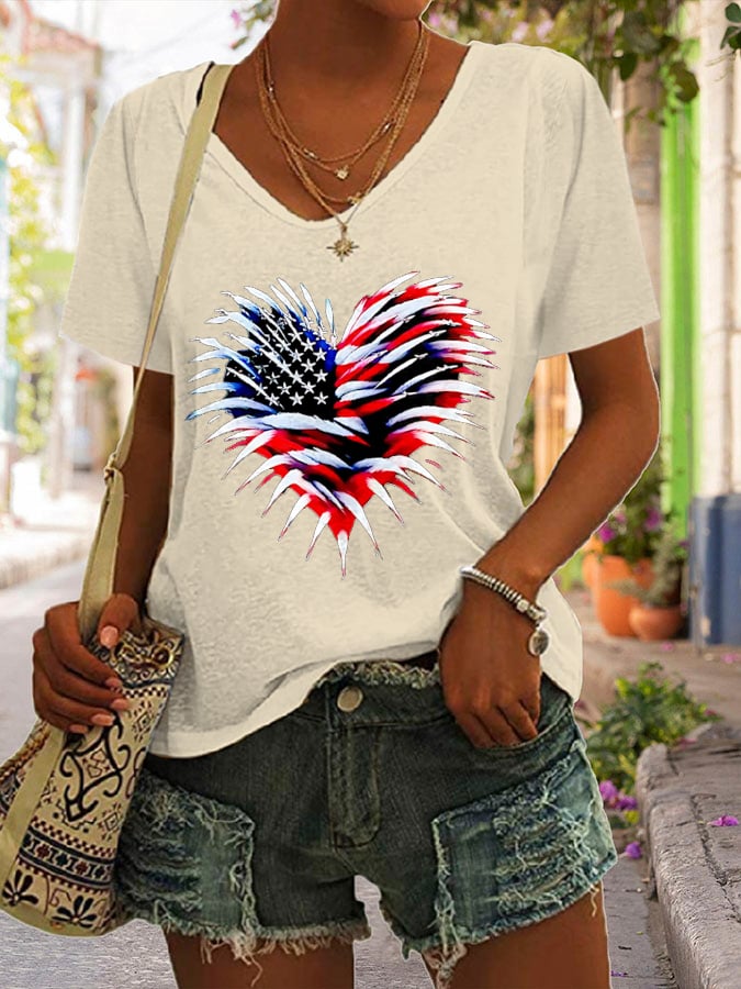 Retro Independence Day Flag Heart Fireworks Print V-Neck T-Shirt