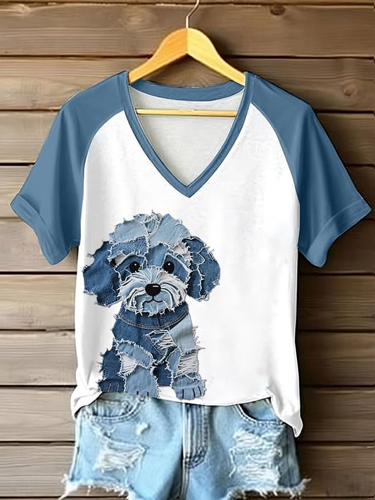 Women's Retro Funny Denim Patch Animal Dog Print Raglan Short Sleeve T-Shirt