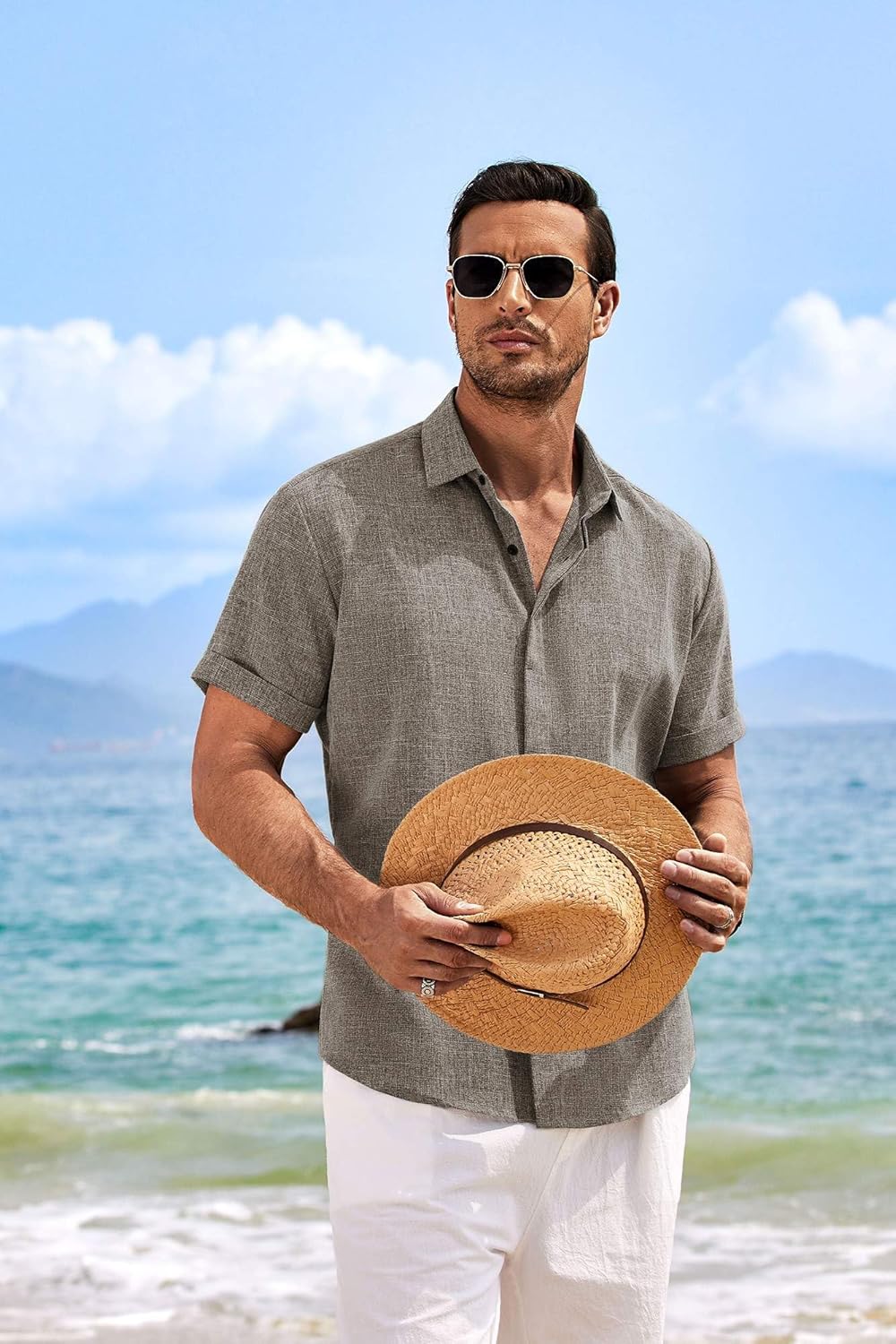 🔥Men's Linen Shirts Short Sleeve Casual Shirts Button Down Shirt for Men Beach Summer Wedding Shirt