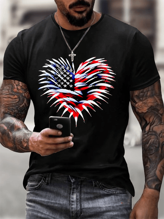 Men's Retro Independence Day Flag Heart Fireworks Print T-Shirt