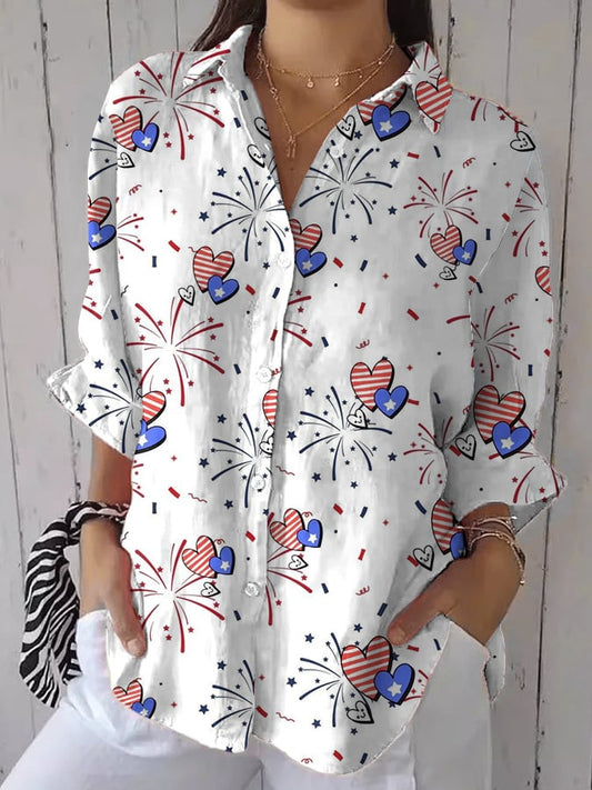 Women's Geometric Fireworks Faux Linen Print Casual Lapel Shirt