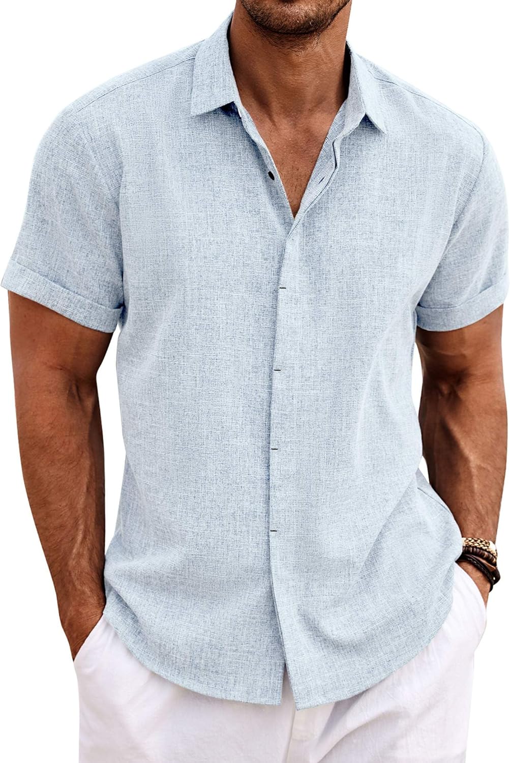 🔥Men's Linen Shirts Short Sleeve Casual Shirts Button Down Shirt for Men Beach Summer Wedding Shirt