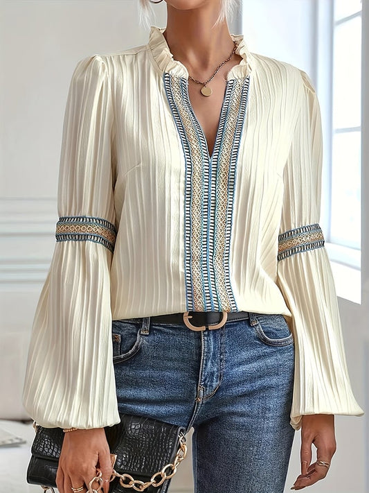 Women's Solid Color Lace Lantern Sleeve V-Neck Shirtwomen's Fashionable Lace Patchwork Suit