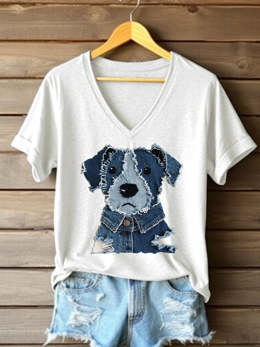 Women's Retro Funny Animal Dog Print V-Neck T-Shirt