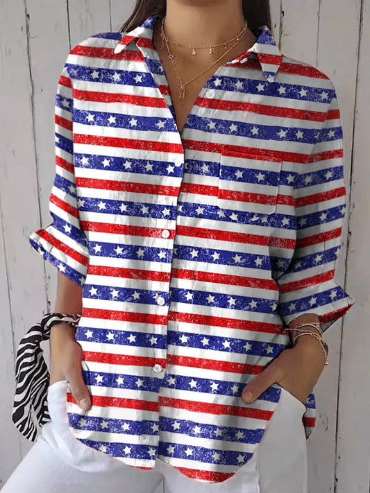 Women's casual loose art Independence Day striped shirt