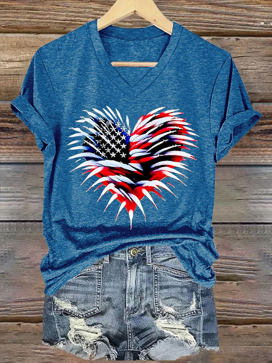 Retro Independence Day Flag Heart Fireworks Print V-Neck T-Shirt