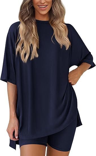 🔥Women's Two Piece Lounge Set 2025 Summer Casual Oversized Shirts Biker Shorts Matching Airport Travel Outfit