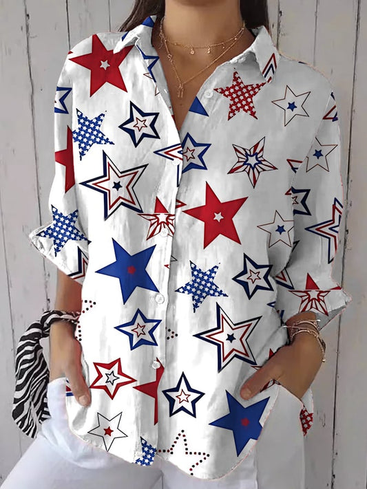 Women's Geometric Star Faux Linen Print Casual Lapel Shirt