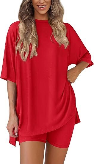 🔥Women's Two Piece Lounge Set 2025 Summer Casual Oversized Shirts Biker Shorts Matching Airport Travel Outfit