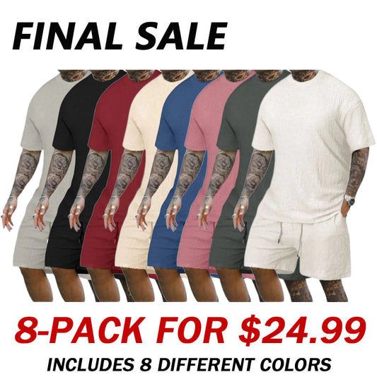 8 Pack-Men's Solid Textured Round Neck Tee & Drawstring Waist Shorts