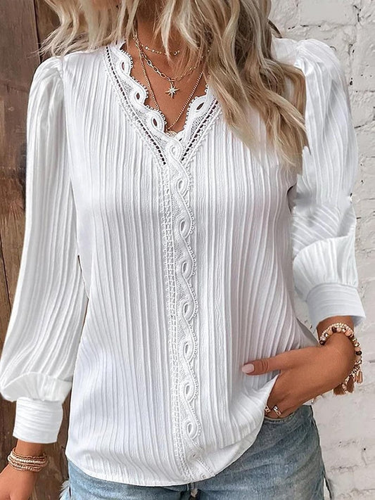 Women's Lace Patchwork Fashion V-Neck Jacquard Long Sleeve Shirt