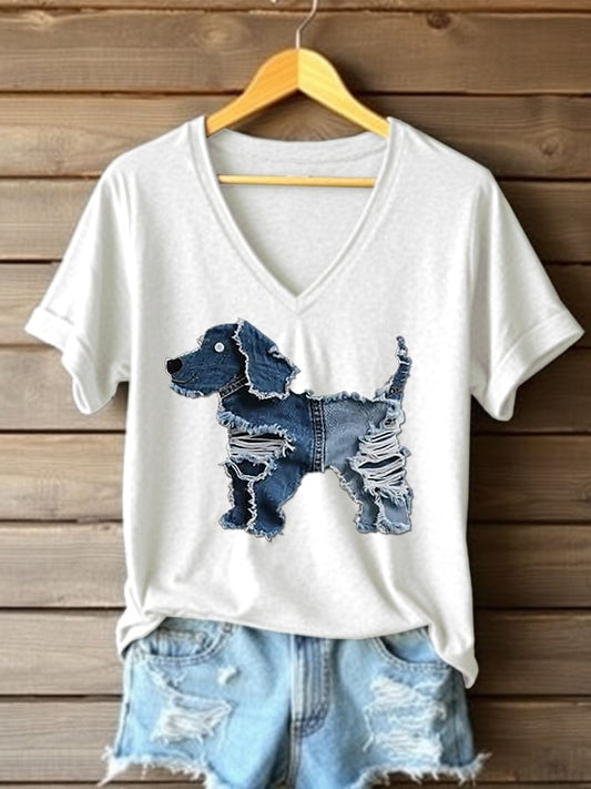 Women's Retro Funny Animal Dog Print V-Neck T-Shirt