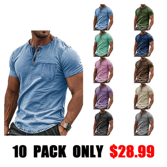 Men's Fashion Retro Distressed Pocket Short-sleeved Henley Shirt