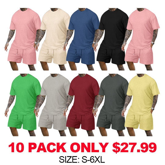 8 Pack-Men's Solid Textured Round Neck Tee & Drawstring Waist Shorts