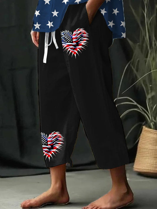 Women's Retro Independence Day Flag Heart Fireworks Print Wide Leg Pants