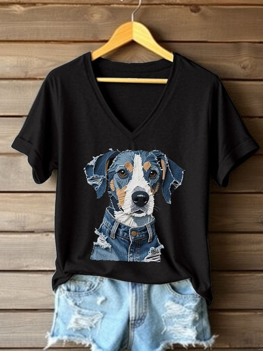 Women's Retro Funny Animal Dog Print V-Neck T-Shirt