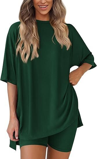 🔥Women's Two Piece Lounge Set 2025 Summer Casual Oversized Shirts Biker Shorts Matching Airport Travel Outfit