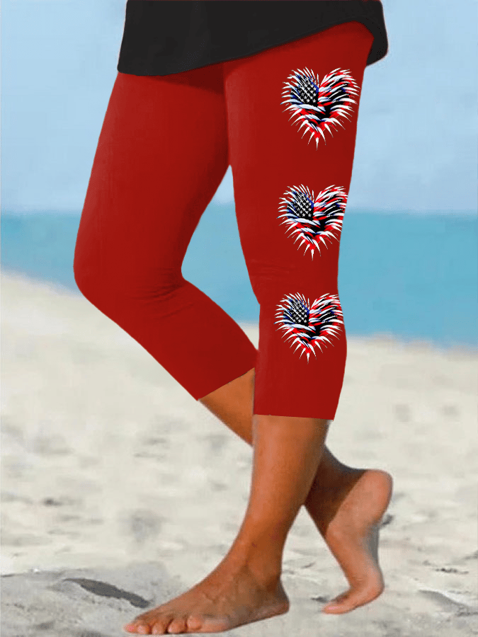Women's Retro Independence Day Flag Heart Fireworks Print Leggings
