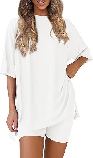 🔥Women's Two Piece Lounge Set 2025 Summer Casual Oversized Shirts Biker Shorts Matching Airport Travel Outfit