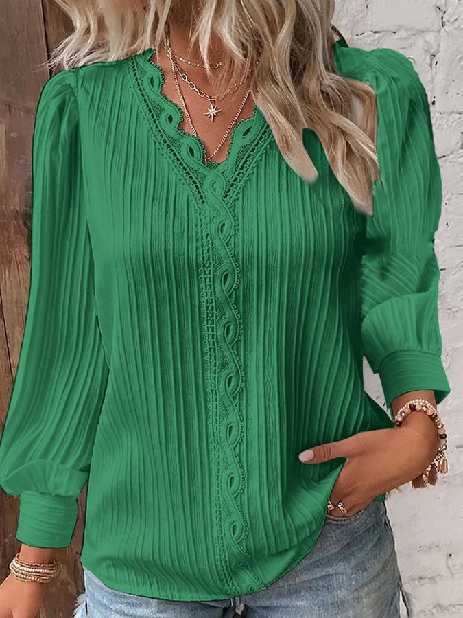 Women's Lace Patchwork Fashion V-Neck Jacquard Long Sleeve Shirt