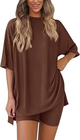 🔥Women's Two Piece Lounge Set 2025 Summer Casual Oversized Shirts Biker Shorts Matching Airport Travel Outfit