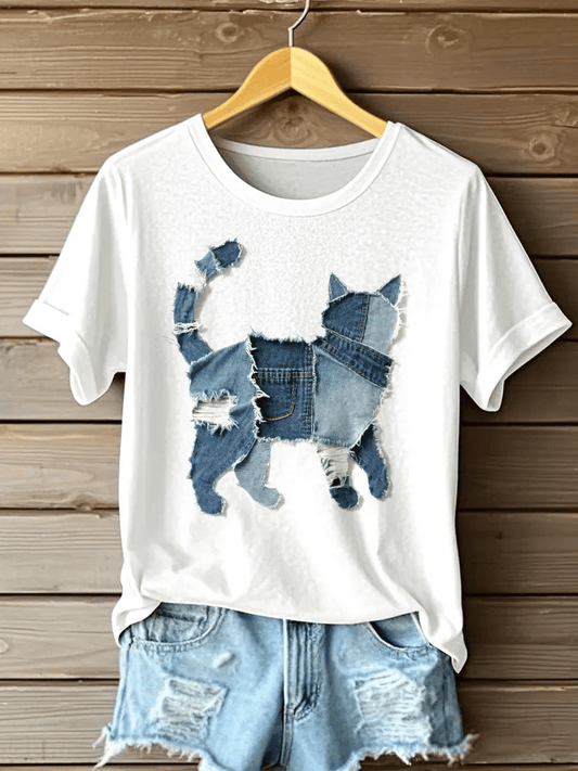 Women's Retro Funny Denim Patch Animal Cat Print T-Shirt