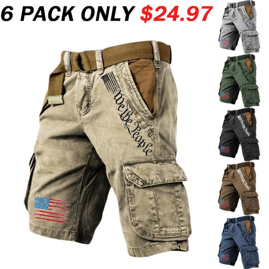 Men's Vintage Flag Independence Day Multi-Pocket Print Cargo Shorts (Belt Included)