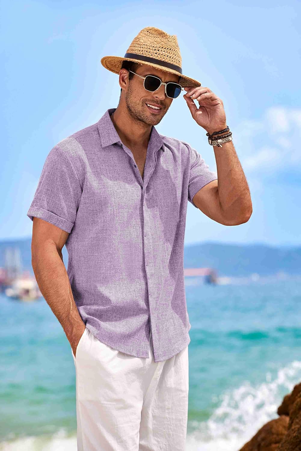 🔥Men's Linen Shirts Short Sleeve Casual Shirts Button Down Shirt for Men Beach Summer Wedding Shirt
