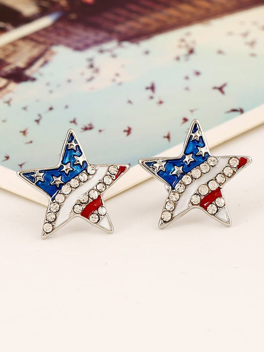 Personality Fashion Versatile National Flag Color Rhinestone Drip Oil Stud Earrings
