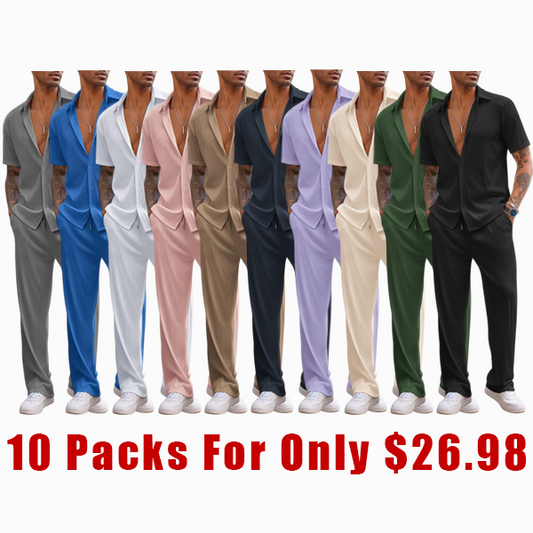 Men's 2 Piece Outfit Casual Short Sleeve Button Down Shirt Beach Summer Loose Pant Sets