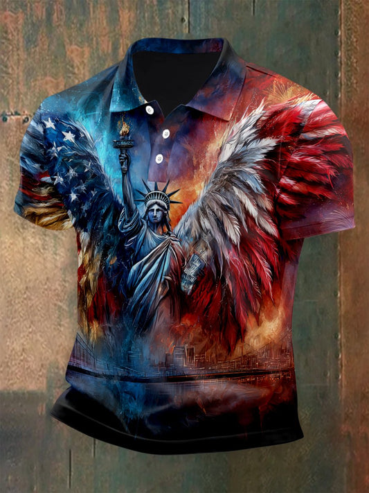 Men's Outdoor Independence Day American Flag Button Short Sleeve Polo Shirt