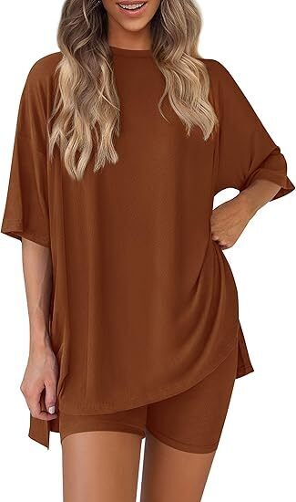 🔥Women's Two Piece Lounge Set 2025 Summer Casual Oversized Shirts Biker Shorts Matching Airport Travel Outfit