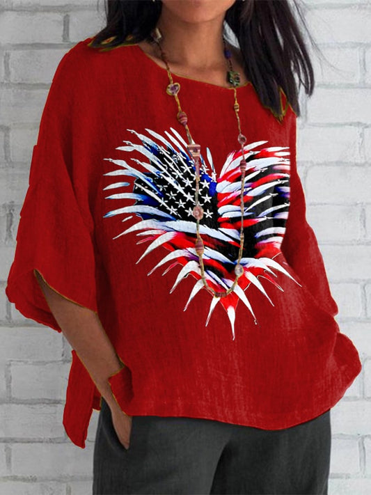 Women's Retro Independence Day Flag Heart Fireworks Print Top