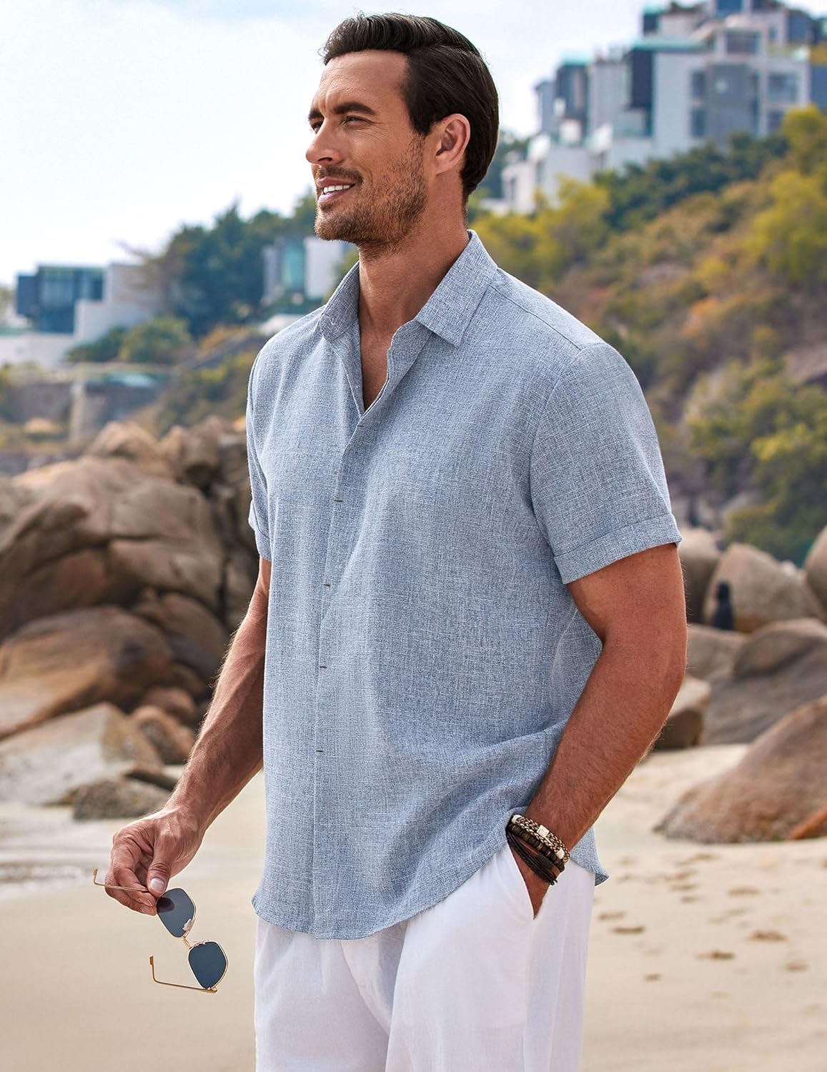 🔥Men's Linen Shirts Short Sleeve Casual Shirts Button Down Shirt for Men Beach Summer Wedding Shirt