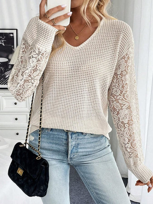 Women's Fashion Casual Lace Stitching Waffle Top