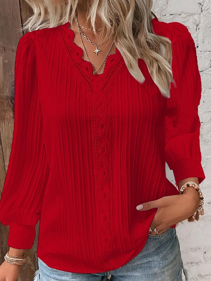 Women's Lace Patchwork Fashion V-Neck Jacquard Long Sleeve Shirt