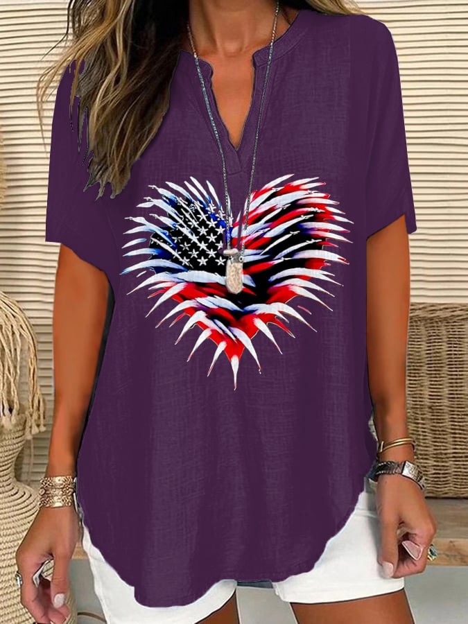 Women's Retro Independence Day Flag Heart Fireworks Print Short Sleeve Shirt