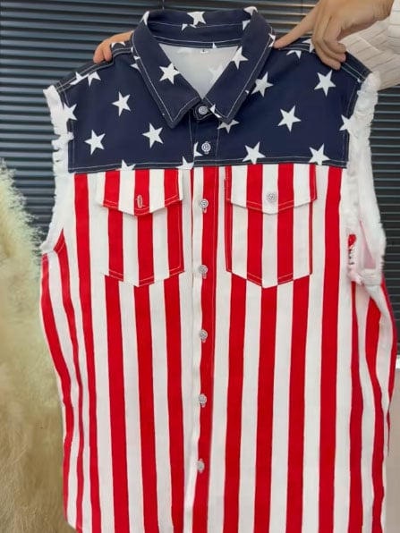 Men's American Flag Denim Sleeveless Cycling Vest Denim Jacket Shirt