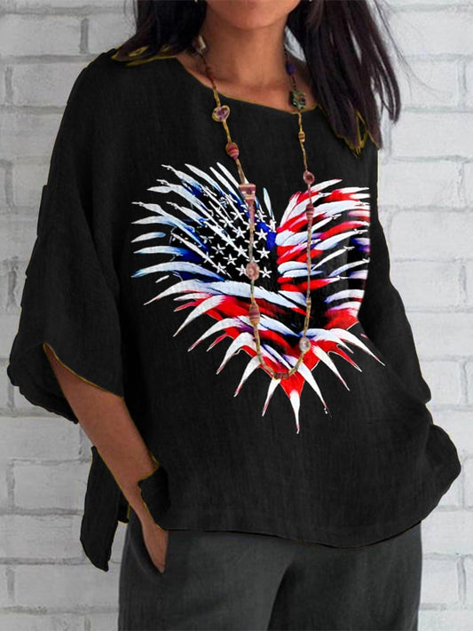 Women's Retro Independence Day Flag Heart Fireworks Print Top