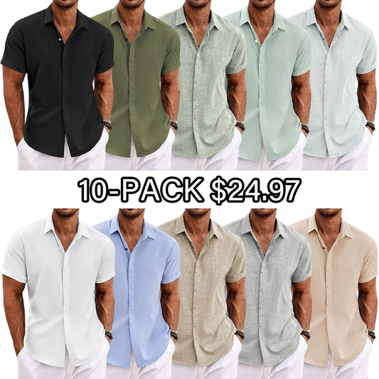🔥Men's Linen Shirts Short Sleeve Casual Shirts Button Down Shirt for Men Beach Summer Wedding Shirt