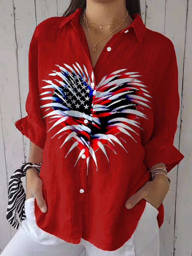 Women's Retro Independence Day Flag Heart Fireworks Print Casual Shirt