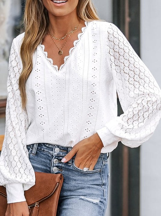 Women's V-neck Lace Fashion Hollow Out Casual Long Sleeve Shirt