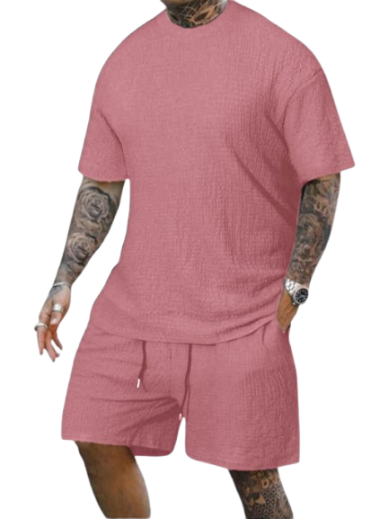 8 Pack-Men's Solid Textured Round Neck Tee & Drawstring Waist Shorts