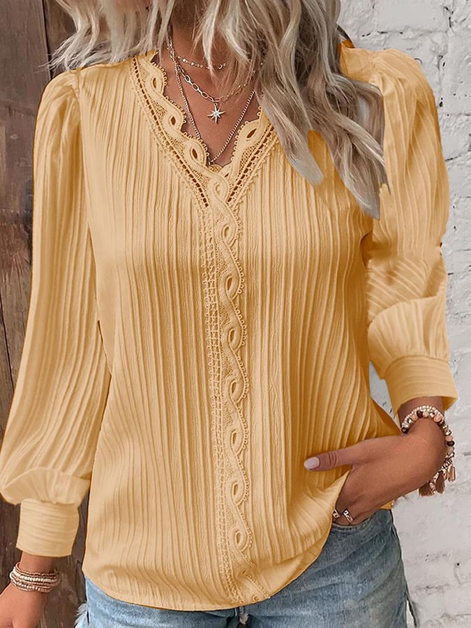 Women's Lace Patchwork Fashion V-Neck Jacquard Long Sleeve Shirt