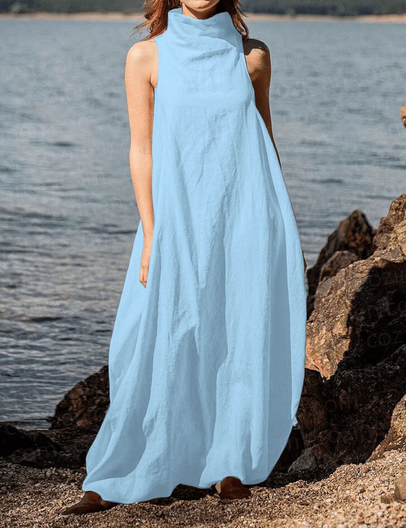 Women's Stand Collar Back Pleated Linen Maxi Dress