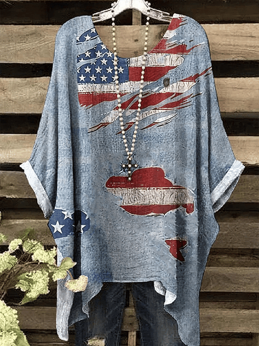 Women's Independence Day Vintage Flag Design Printed Loose Casual Top