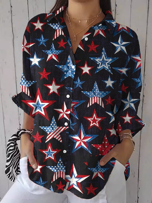 Women's Geometric Fireworks Faux Linen Print Casual Lapel Shirt