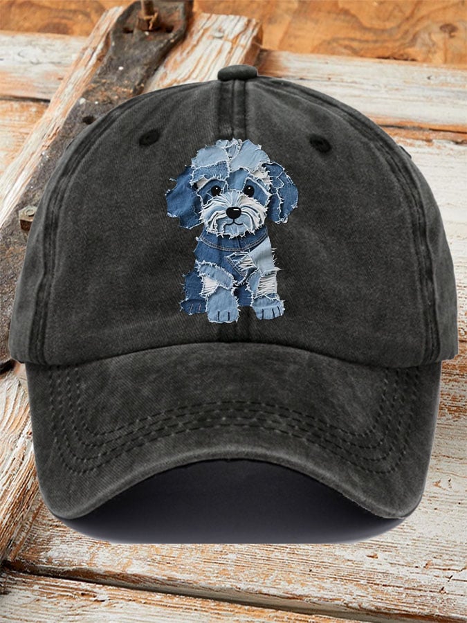 Unisex Retro Funny Denim Patch Animal Dog Print Baseball Cap