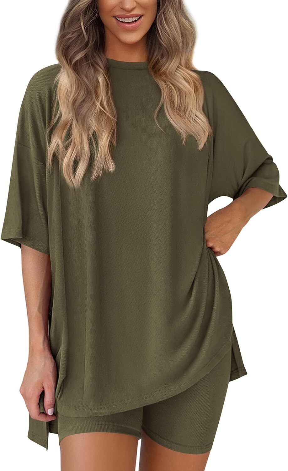🔥Women's Two Piece Lounge Set 2025 Summer Casual Oversized Shirts Biker Shorts Matching Airport Travel Outfit