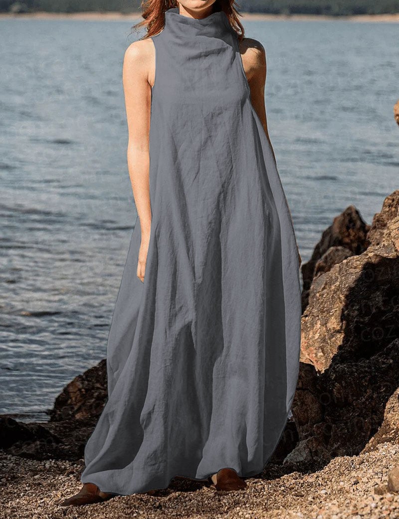 Women's Stand Collar Back Pleated Linen Maxi Dress
